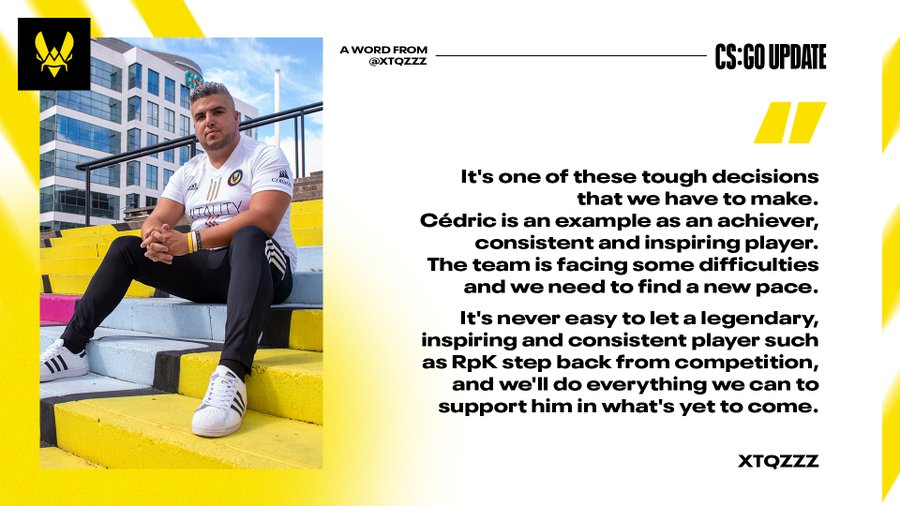 An image of RpK on the left sitting. The announcement paragraph on the right reads: It's one of these tough decisions that we have to make. Cedrico (RpK) is an example of an achiever, consistent and inspiring player. The team is facing some difficulties and we need to find a new pace. Its never easy to let a legendary, inspiring and consistent player such as RpK step back from competition; and we will do everything we can to support him in what's yet to come. 