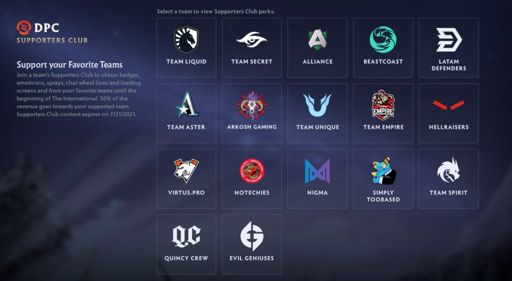 An image of the seventeen teams that have in-game content with the Supporter's Club. They include Team Liquid, Team Secret, Alliance, Beastcoast, Latam Defenders, Team Aster, Arkosh Gaming, Team Unique, Team Empire, Hellraisers, Virtus.Pro, NoTechies, Nigma, SimplyTooBased, Team Spirit, Quincy Crew and Evil Geniuses.