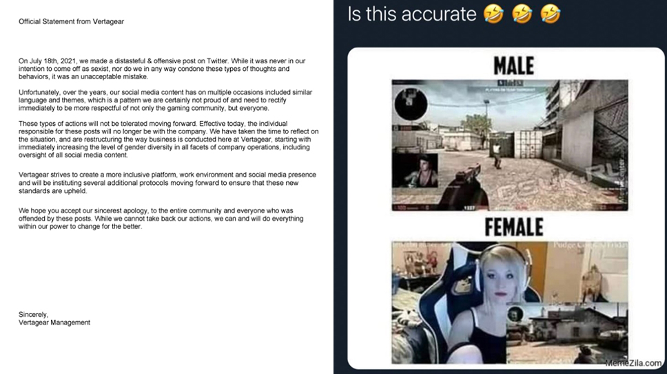 “Our Sincerest Apologies” – Chair Manufacturer Vertagear apologizes after a series of sexist tweets were published