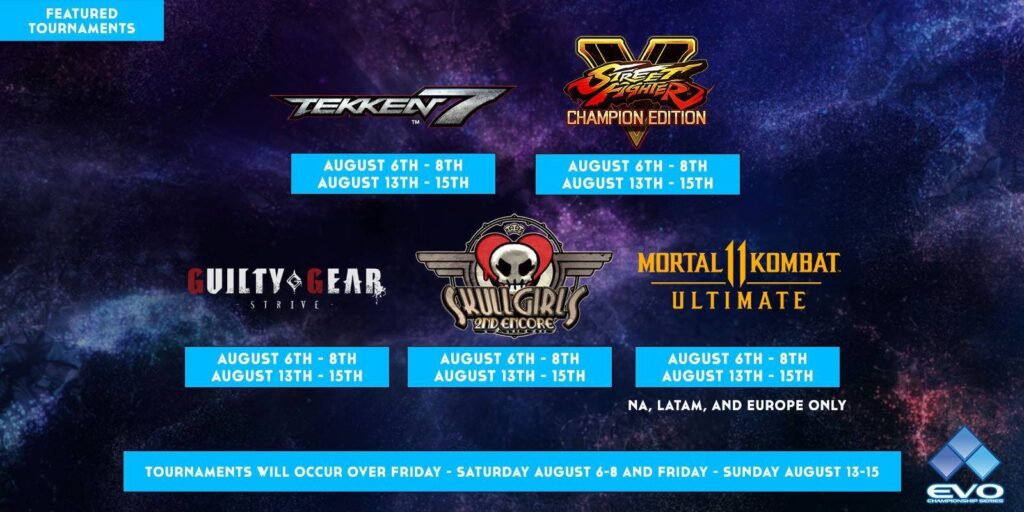 List of Games at Evo 2021 Online. Tekken 7, Street Fighter V: Champion Edition, Guilty Gear, Skullgirls: 2nd Encore, Mortal Kombat Ultimate.