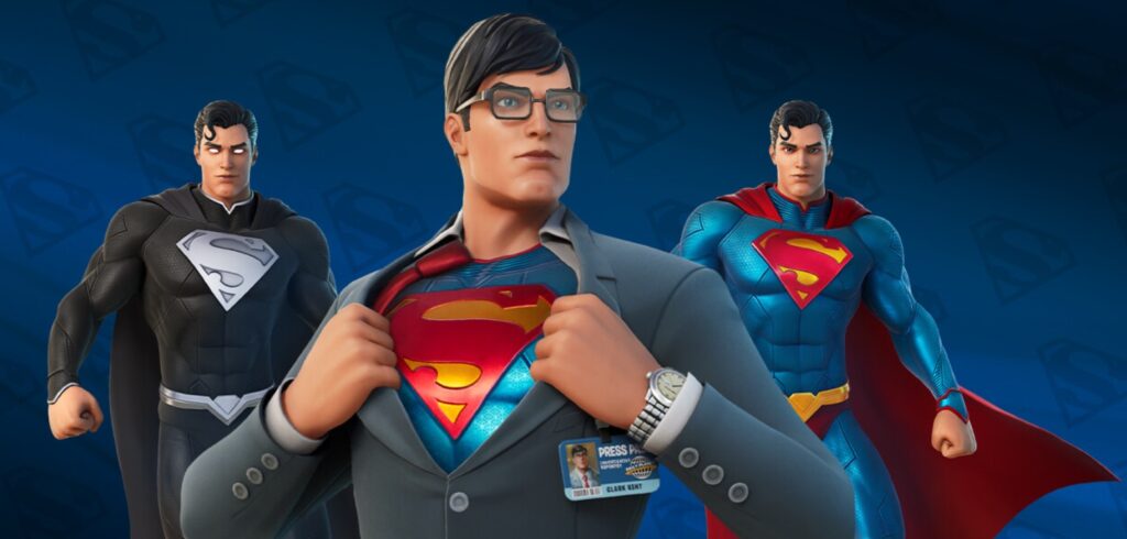 The three different Superman cosmetics in Fortnite.