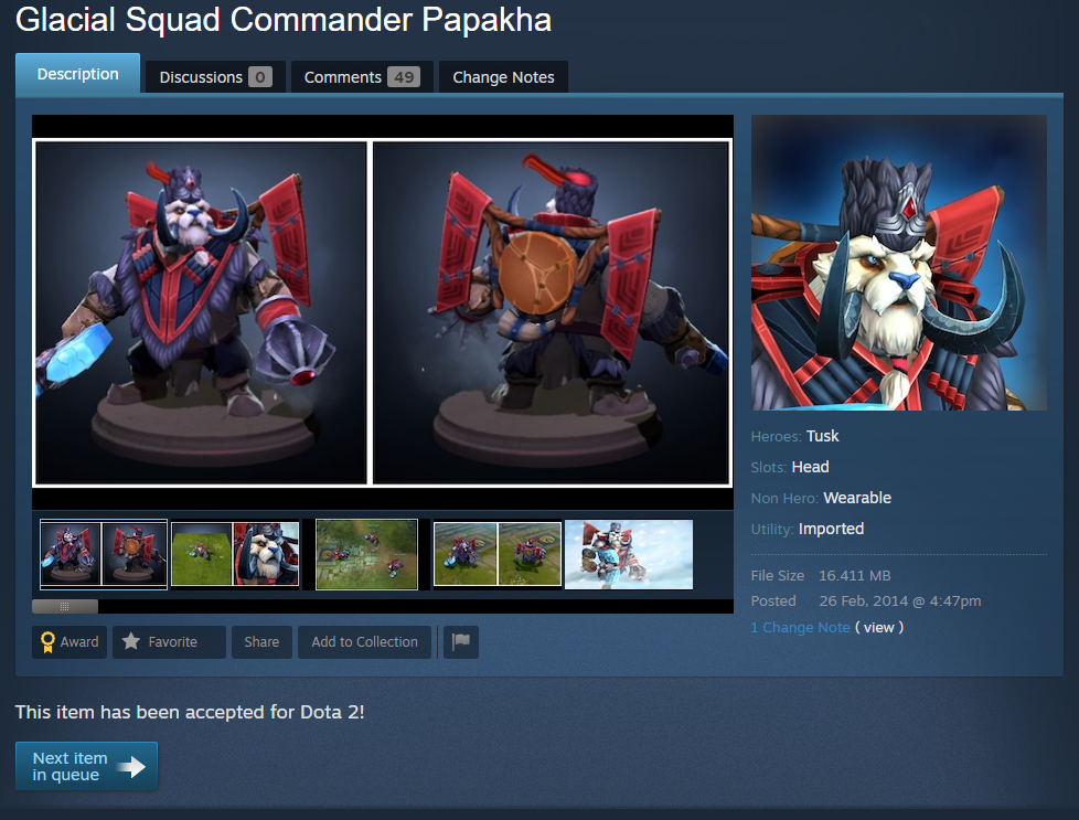 Tuskar's Glacial Squad Commander Papakha was posted on 26th February 2021. The Item was finally accepted in 2021 and was released to the public as part of the Dota Plus reward.