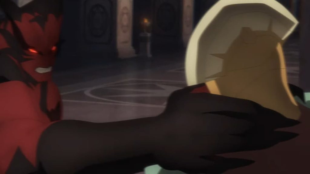 Davion squares off with some soldiers with Chen-shaped helmets in Dota: Dragon's Blood Book Two (Image via Valve/Netflix)