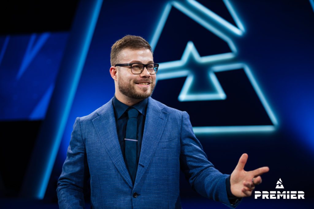 James Banks - CS:GO host. A photo of him on stage at BLAST PRemier