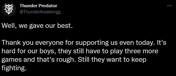 Thunder Predator tweeting about their loss and elimination at TI10.