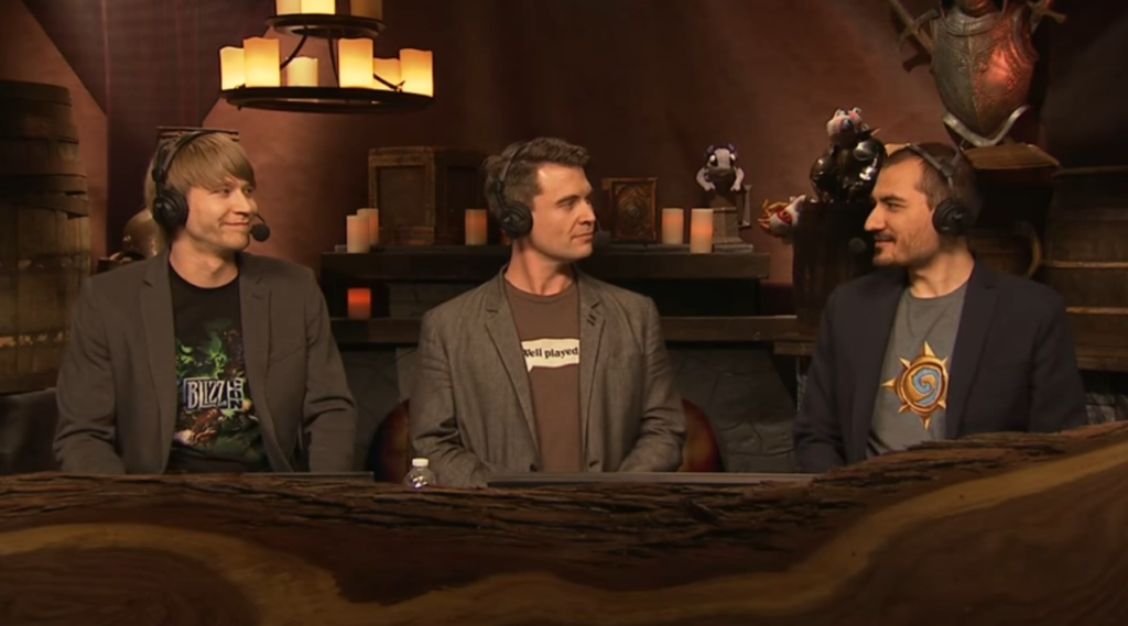 Savjz, Brian Kibler and Kripparrian commentating on the 2015 Hearthstone World Championship