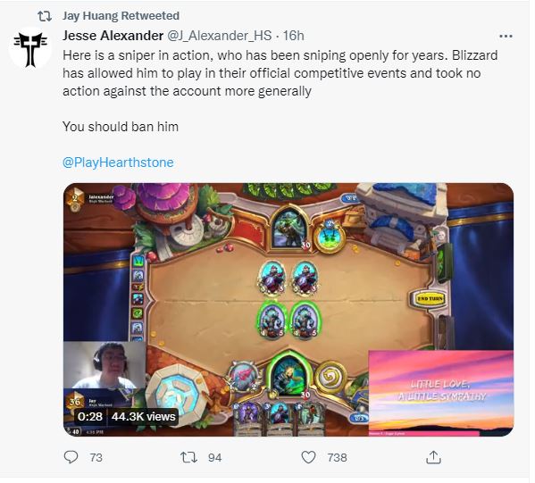Jay retweeting his opponent's accusation of stream sniping and request for ban from the Hearthstone Esports scene