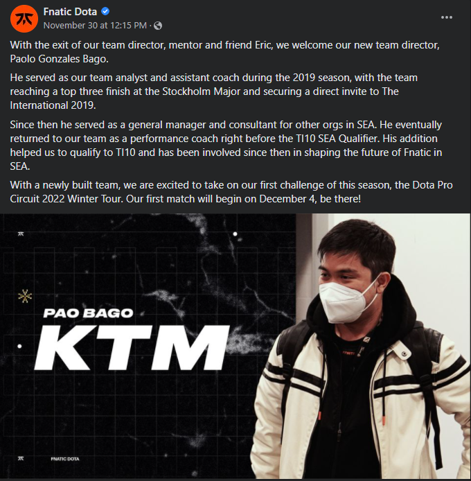 Fnatic KTM is now the team's director. He was previously an analyst and has been responsible for the team's success in the past few years.          