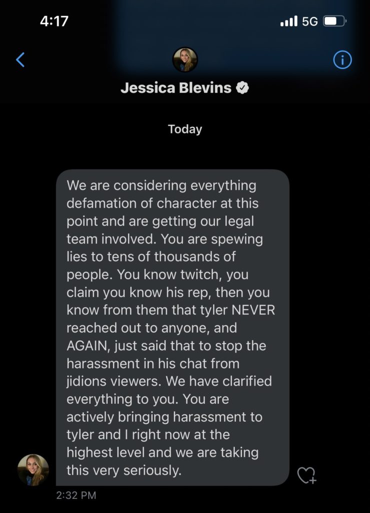 Pokimane received a message from Jessica Blevins.