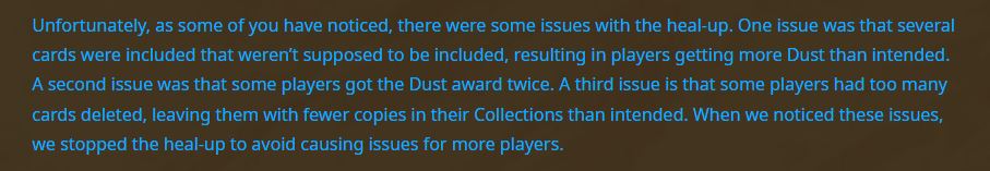 Hearthstone Forum post about "Recent Dust Grans and Missing Cards"