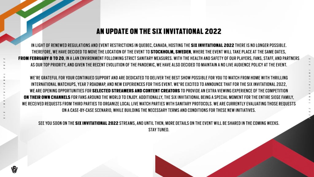 Ubisoft has shifted to Stockholm, Sweden for the Six Invitational 2022. The tournament will allow co-streaming for select streamers and content creators. 
