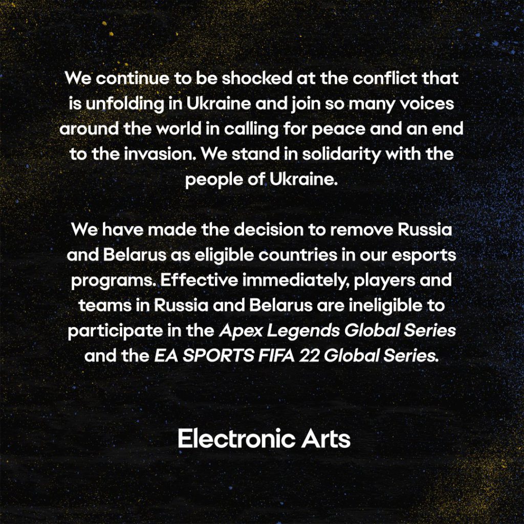 EA bans Russia and Belarus from its Apex Legends competitions.