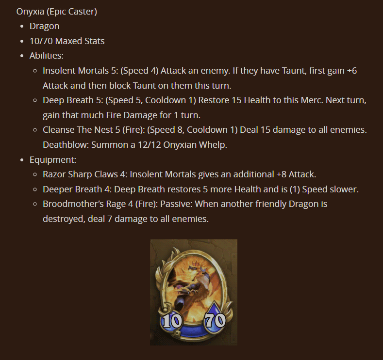 Maxed Stats, Abilities, and Equipment for Onyxia New Hearthstone Mercenaries