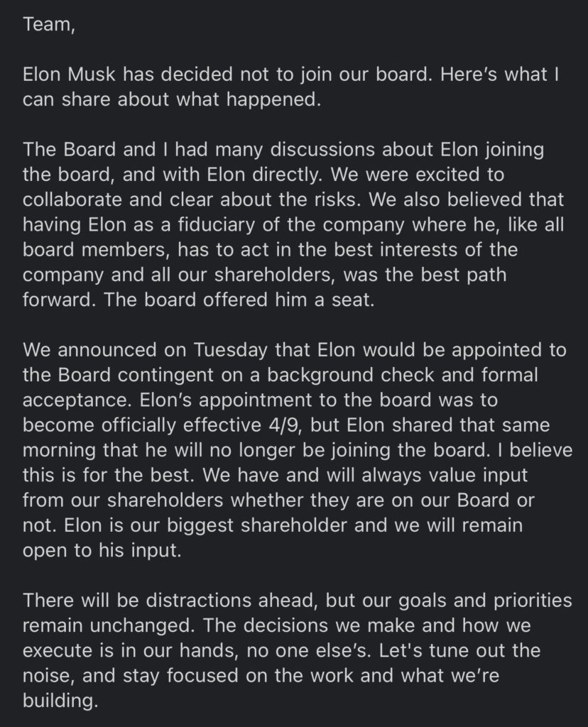 Elon Musk Twitter rejects board