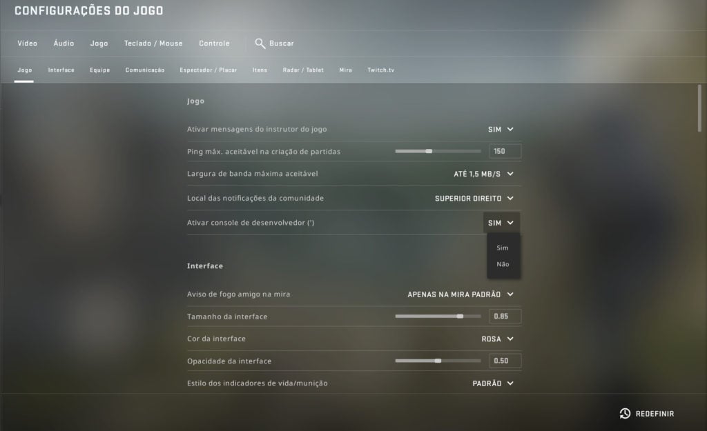 Console de comandos do CS:GO