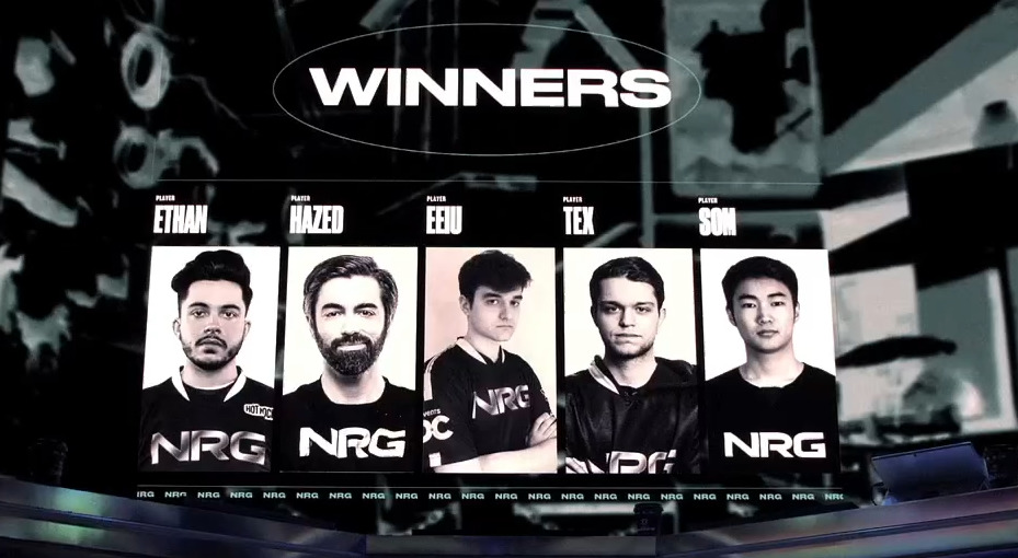 NRG Valorant team including Ethan, Hazed, Eeju, Tex and Som. 