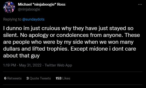 ninjaboogie curious why none of his former teammates in Team SMG offered any condolences