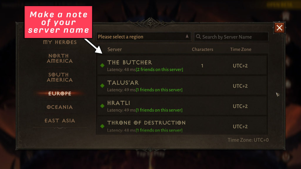 Diablo Immortal Server menu