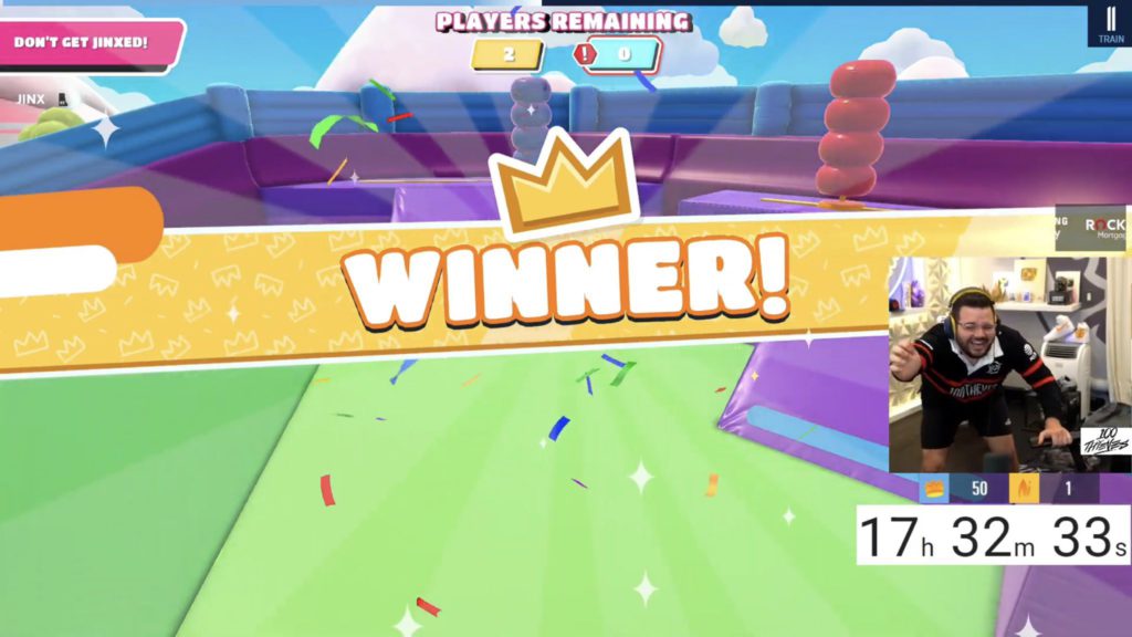 CouRage celebrates after achieving 50 Fall Guys wins in 17 hours, 32 minutes, and 33 seconds on July 11th, 2022.