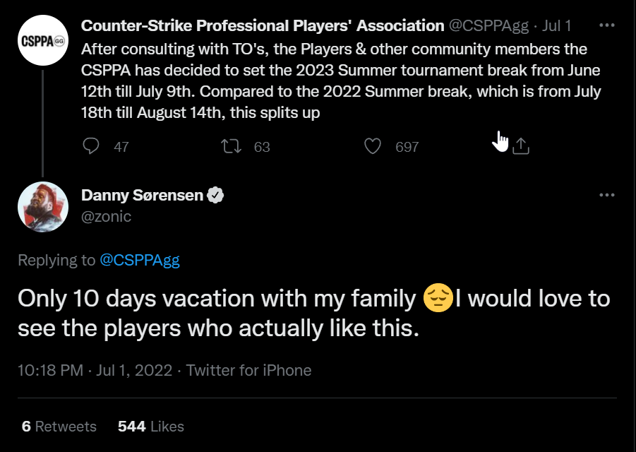 Zonic said the new player break dates will leave only ten days for his vacation.