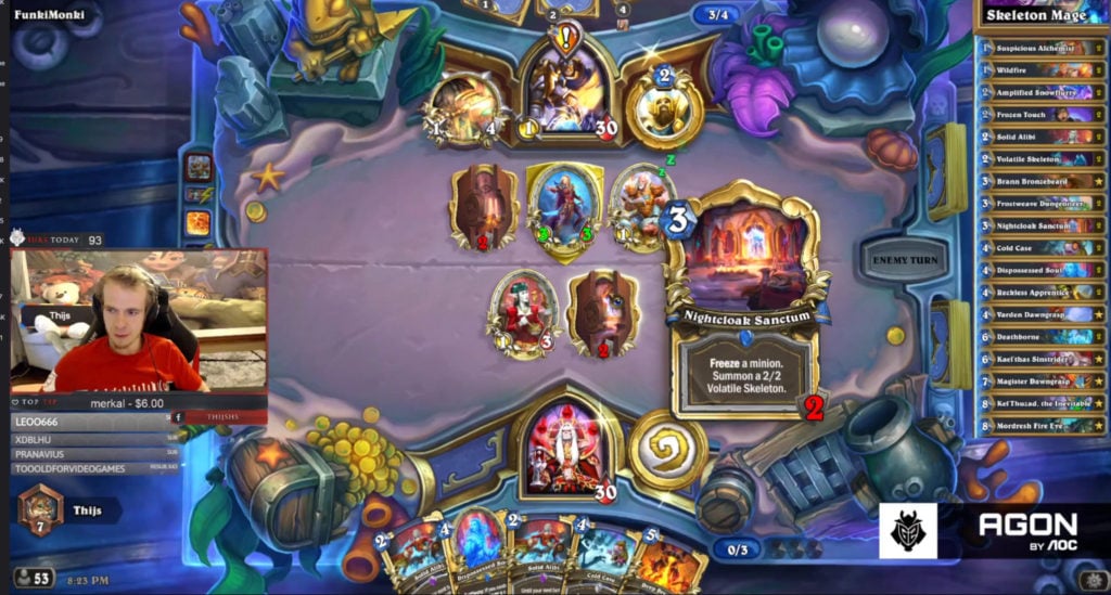 Thijs playing Skeleton Mage and showcasing the Nightcloak Sanctum card