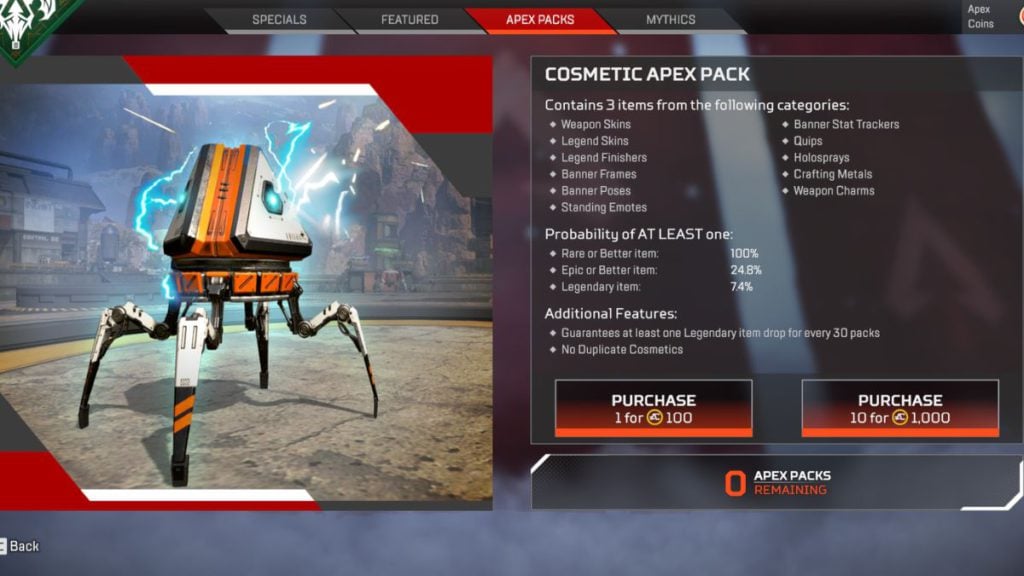 The cosmetic Apex Pack and what it contains.