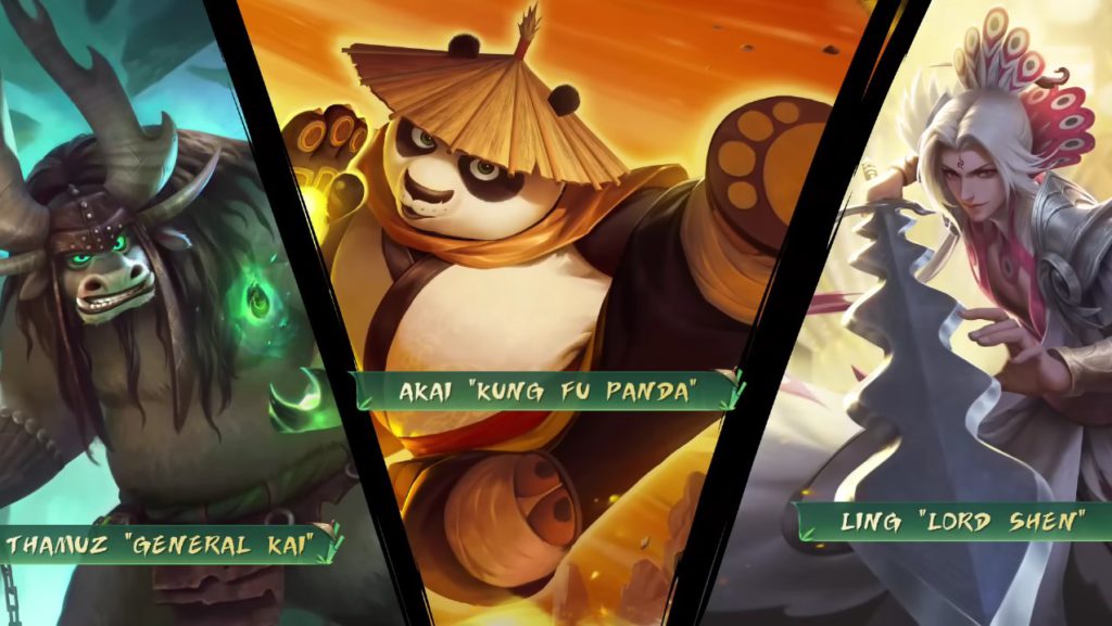 The three skins joining MLBB as a part of its collab with Kung Fu Panda: Thamuz "General Kai," Akai "Kung Fu Panda" and Ling "Lord Shen."