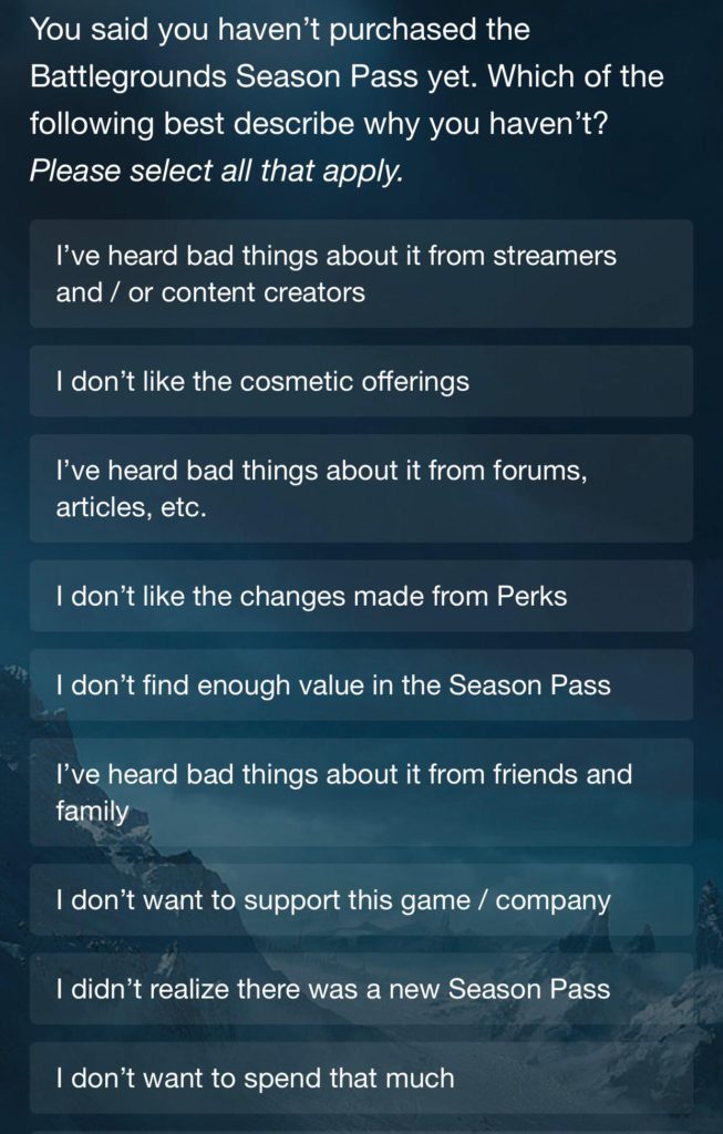 Battlegrounds Tavern Pass Survey - Image via RDU