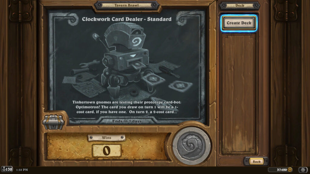 “Clockwork Card Dealer”, Hearthstone Tavern Brawl decks