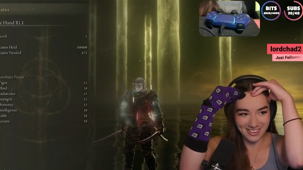 MissMikka celebrates after completing her one-handed Elden Ring challenge (Image via esports.gg).