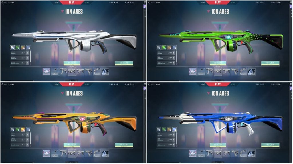 The white, green, yellow, and blue Ares variants.