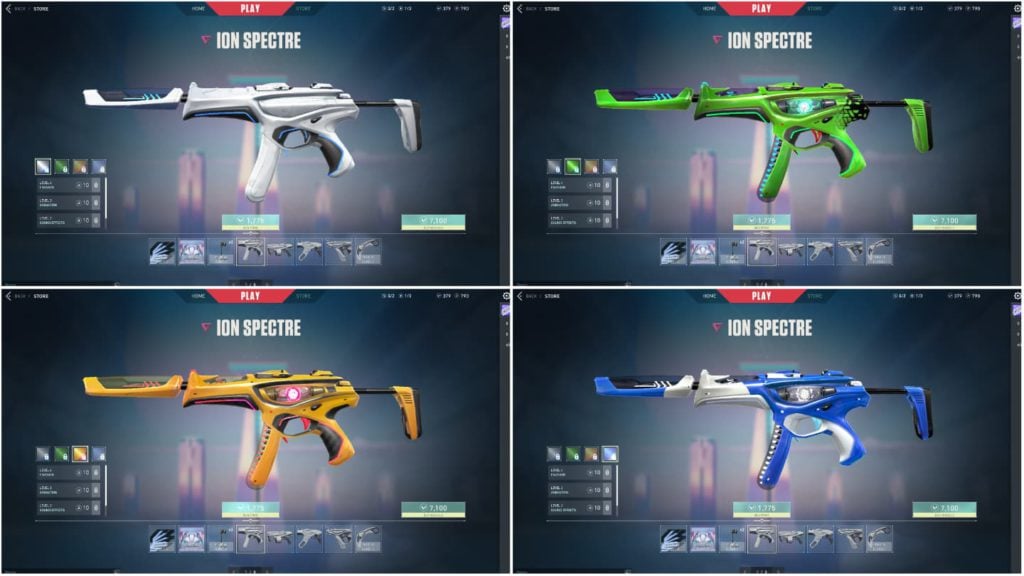 The white, green, yellow, and blue Spectre variants.