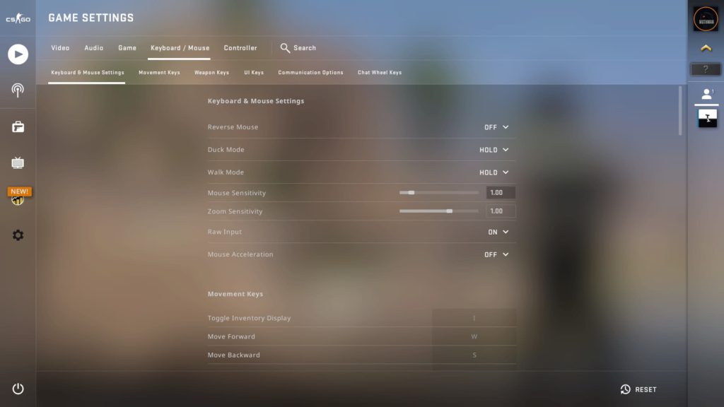 A look at the Keyboard & Mouse Settings showing CS:GO sensitivity.