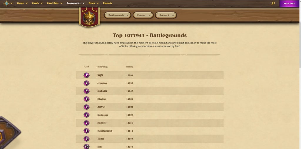 Hearthstone Battlegrounds leaderboards rankings