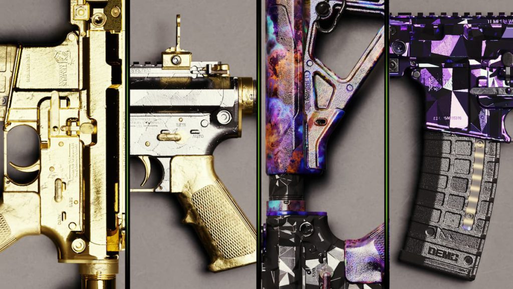 Several weapons skins are shown here that can be unlocked in MW2.