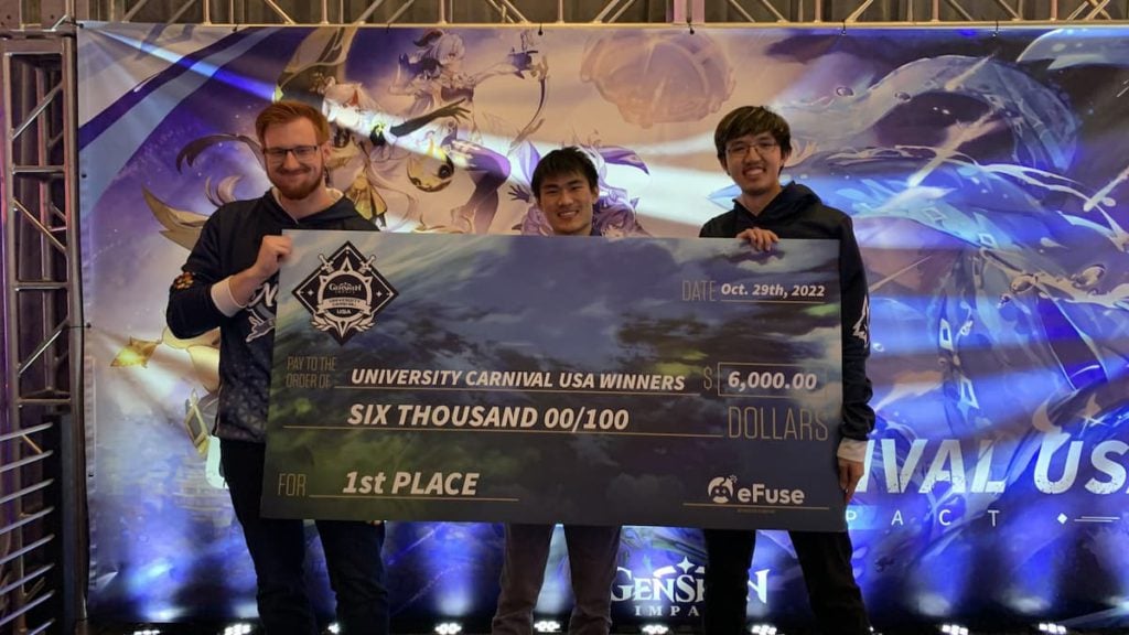 The Nevada, Reno team poses with their first place check after winning Genshin Impact University Carnival.