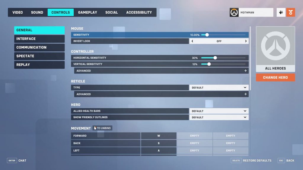 The General area of the Overwatch 2 Controls settings let's you change your Sensitivity.