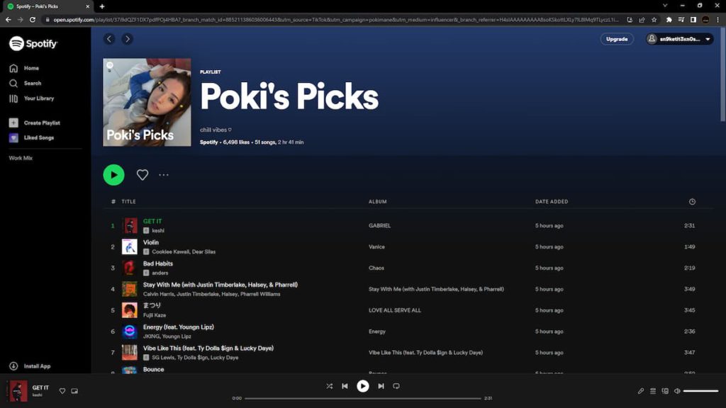A look at the Poki's Picks playlist on Spotify, curated by Pokimane.