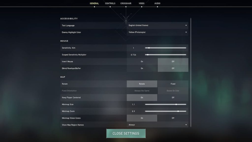 The General Tab shows a variety of settings, including Sensitivity in VALORANT.