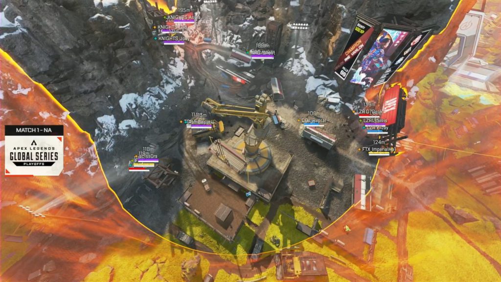 An Apex Legends end game with several teams alive. 