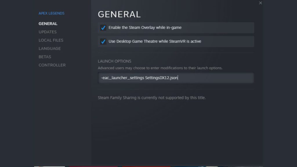 Enter the line required to enable Directx 12 in the Apex Legends launch options to opt-in to the Directx 12 beta.