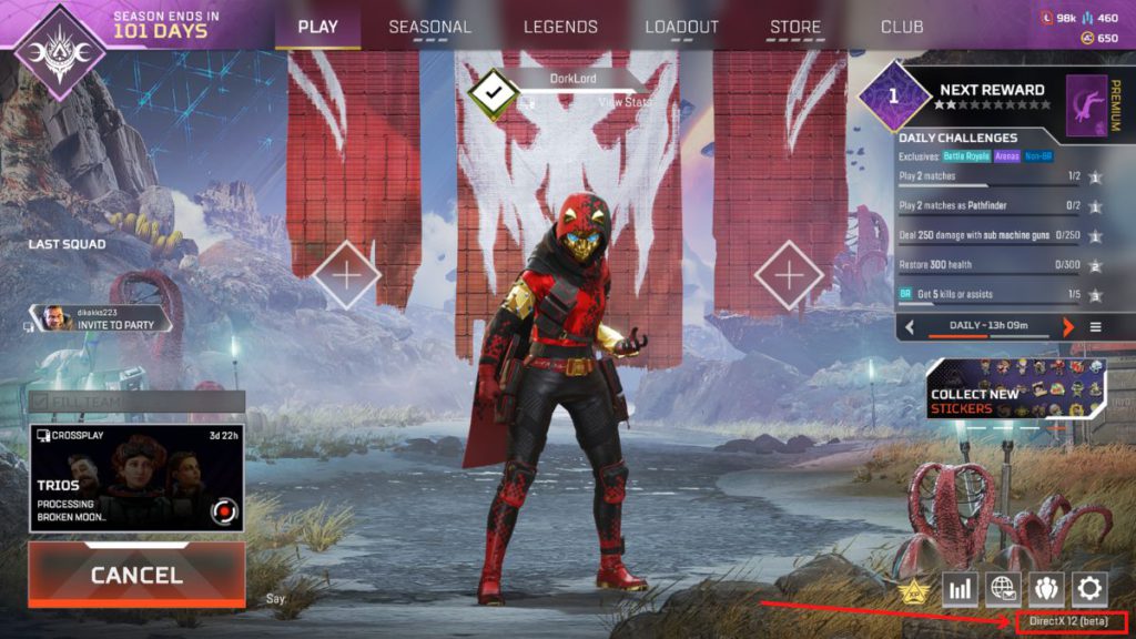 You'll see the "Direct X 12 (beta)" text in the bottom-right corner of the Apex Legends lobby after enabling it.