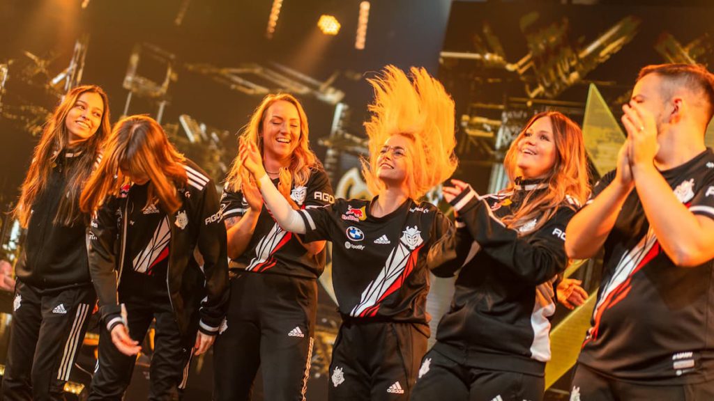 G2 Gozen celebrates on stage after defeating Cloud9 White on Day 1 of the Valorant Game Changers Championship in Berlin.