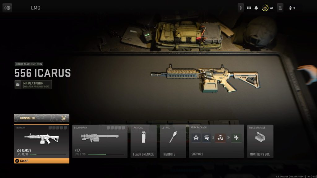 The 556 Icarus LMG shows it is part of the M4 weapon platform.
