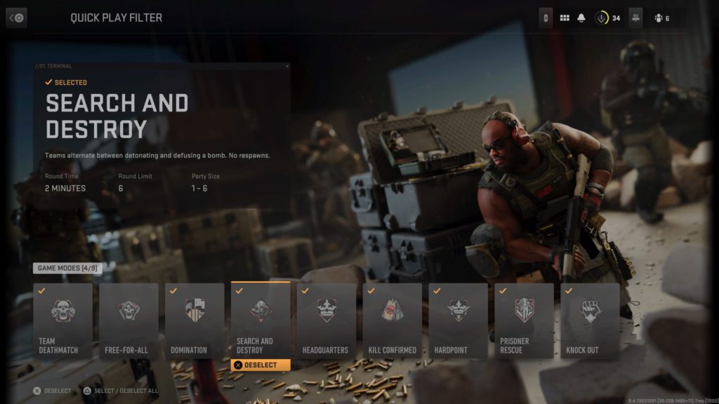 The Quick Play mode selection for MW2 shows all modes and does not contain a Hardcore setting.