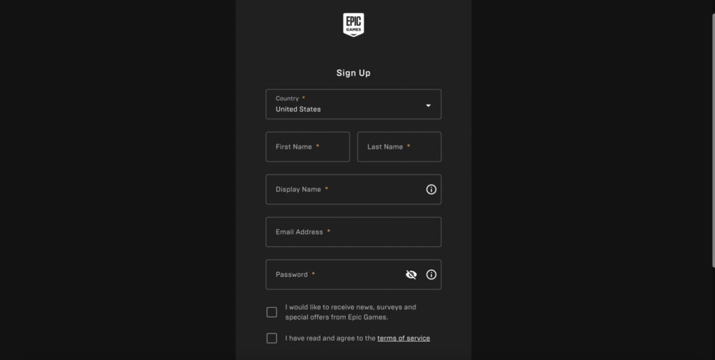 The sign-up form for Epic Games.