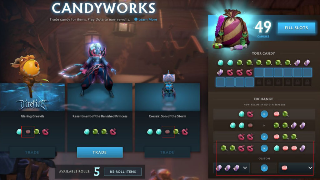 The Candyworks trading mechanics (Image via Dota 2 Battle Pass)