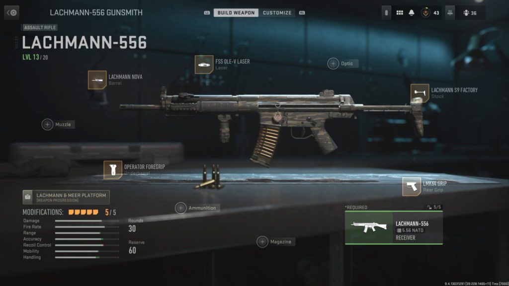 The Lachmann-556 loadout page in MW2 shows all of its attachments and the stat changes received from them.