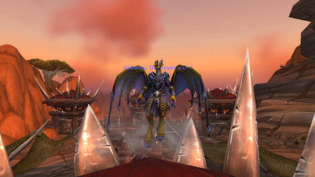 A bronze-tinged Dragonflight Evoker Dracthyr above Orgrimmar. 