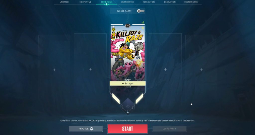 An in-game menu in Valorant that shows the red start button. Clicking the red start button will find you a game.